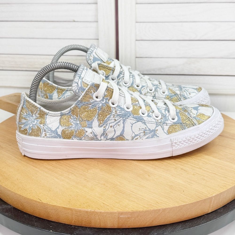 Converse Pat Bo Chuck Taylor Ox Floral Embroidered Leather Sneakers Blue Gold 8 - Picture 1 of 11
